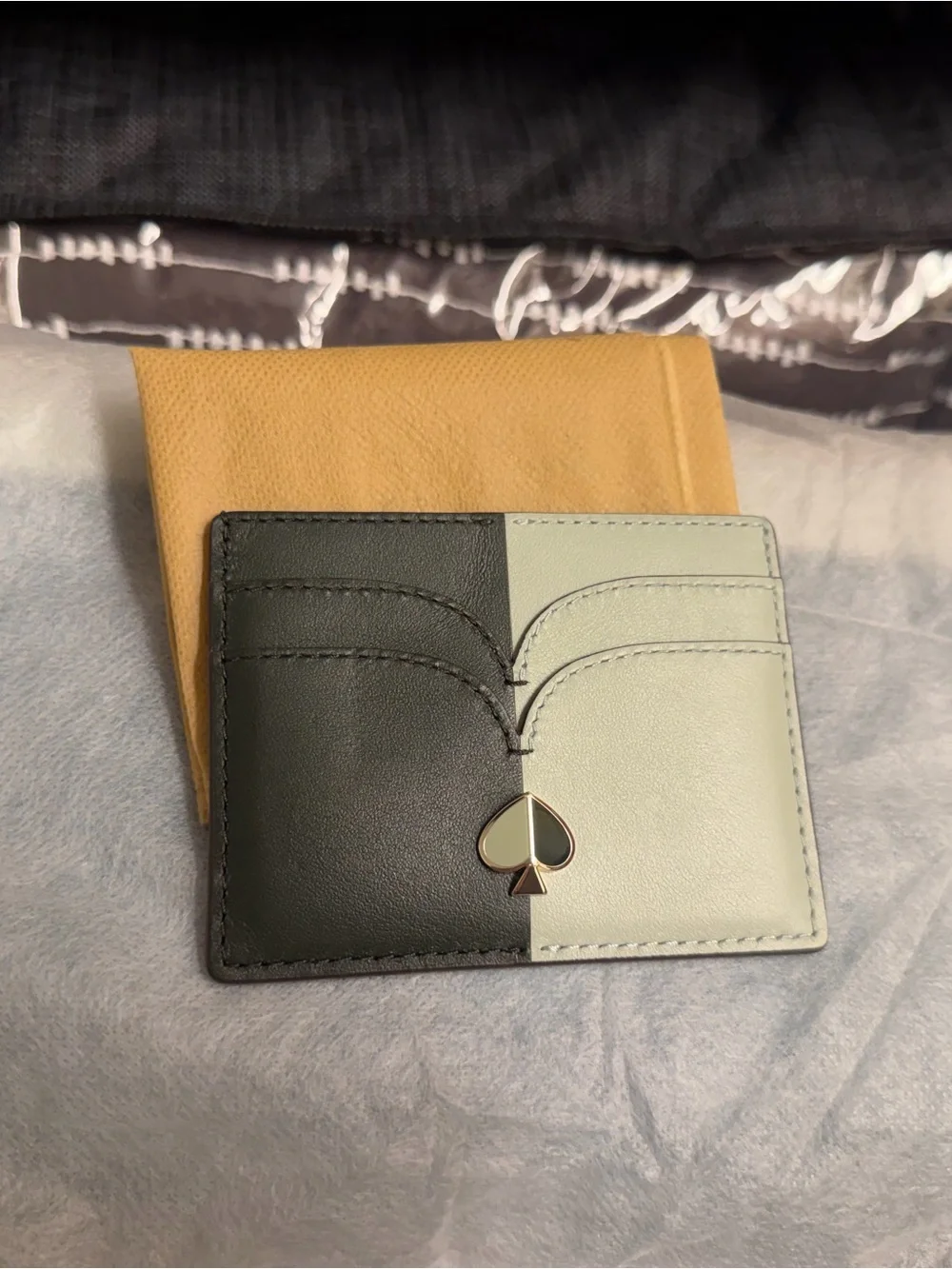 kate spade Two-Tone Green & Sage  Leather Card Holder with Spade Accent